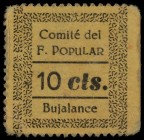 10 Céntimos. BUJALANCE (Córdoba). COMITÉ DEL FRENTE POPULAR. Cartón. Sello del Ayuntamiento al dorso. GH-1298). MBC+.
