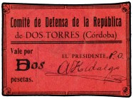 2 Pesetas. COMITÉ DE DEFENSA DE LA REPÚBLICA. DOS TORRES (Córdoba). RARO. Mont-597B; RGH-2260. EBC-.