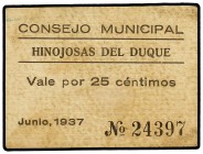 25 Céntimos. Junio 1937. C.M. de HINOJOSA DEL DUQUE (Córdoba). (Algo sucio). Mont-761A; RGH-2862. EBC-.