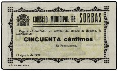 50 Céntimos. Agosto 1937. C.M. de SORBAS (Almería). Mont-1384; RGH-4916. EBC-.