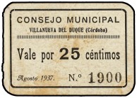 25 Céntimos. Agosto 1937. C.M. de VILLANUEVA DEL DUQUE ( Córdoba). I Emisión. (Manchitas). RARO. Mont-1617A; RGH-5669. EBC-.