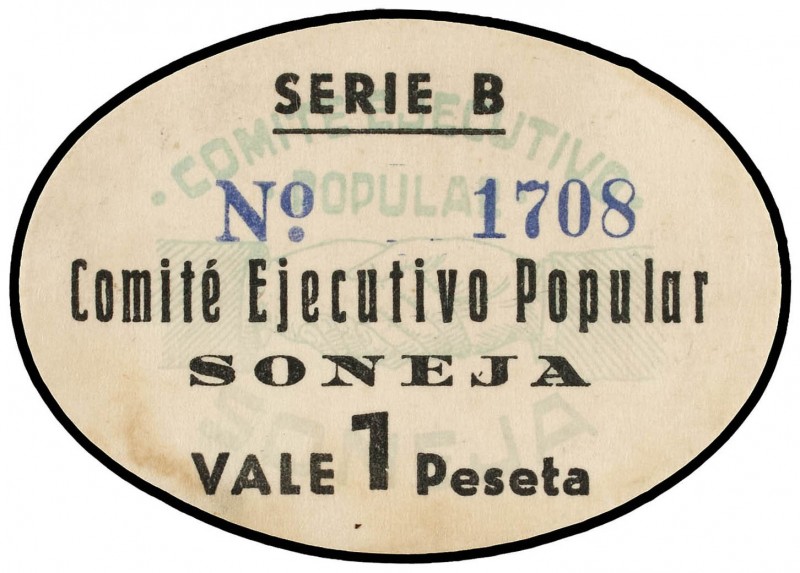 1 Peseta. SONEJA (Castellón). Cartón ovalado. Serie B, sin tampón al dorso. (Lev...