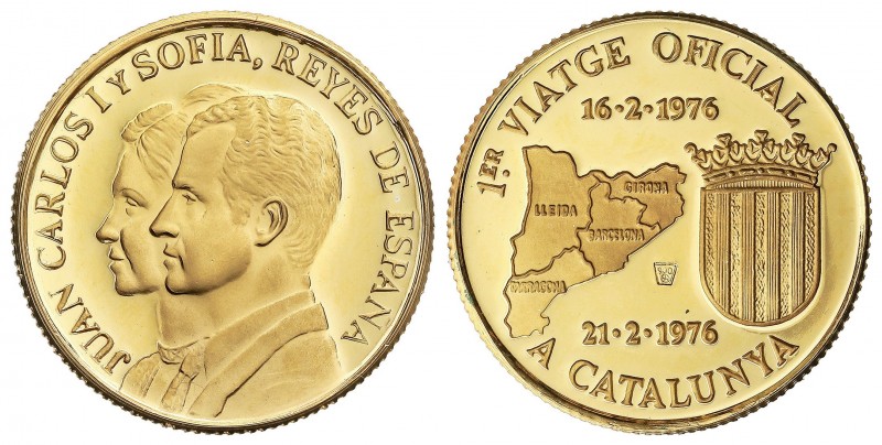 Medalla 1er Viatge a Catalunya. 1976. Anv.: JUAN CARLOS I Y SOFÍA REYES DE ESPAÑ...