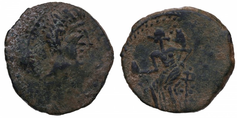 30 aC. Irippo. As. AB-1109. Ae. 6,10 g. Cabeza de Augusto y letrero /Mujer senta...