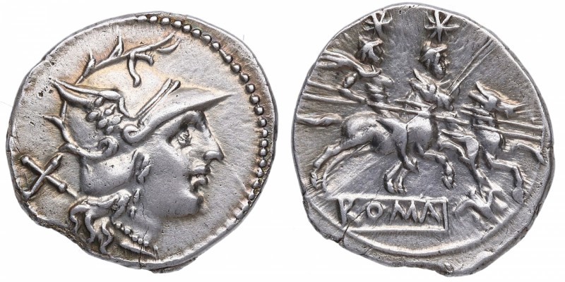 169-158 aC. Gens Anónima. Roma. Denario. Craw 182/1 Syd 283. Ag. Atractiva pátin...