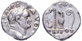 71 dC. Tito Flavio Vespasiano (69-79 dC). Roma. Denario. RIC II, Part 1 Vespasian 43. Ag. 3,54 g. IMP CAES VES – P AVG P M: Busto de Vespasiano laurea...