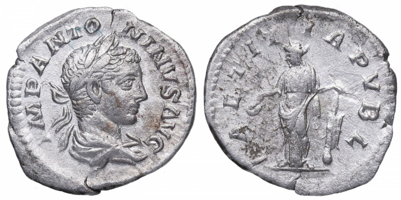 222. Heliogábalo. Roma. Denario. RIC-95. Ag. R/ Laetitia de pie a izquierda con ...
