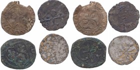 Siglo XII y XIII. Lote de 4 monedas medievales, semi ilegibles, uno asemeja dinero de Alfonso IX. BC a BC+. Est.15.