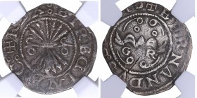 1469-1504. Reyes Católicos (1469-1504). Granada. 1/2 Real. Cal-451. Ag. 1,60 g. G-R. roeles. Alabeada. VF. 20 mm. NN coins 2762876-035. MBC. Est.85.