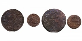 1641 y 1652. Felipe IV (1621-1665) y Luis XIV (1643-1715). Guerra dels Segadors. Solsona y Barcelona. Lote de 2 monedas: Dinero y Sisé. Ca-214 y 139-1...