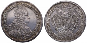 1714. Carlos III, Pretendiente. 1 taler. Hall. Dav. 1051. Kr. 1570. 28,74 g. Con el título de rey de España. Muy Atractiva. SC. Est.1000.