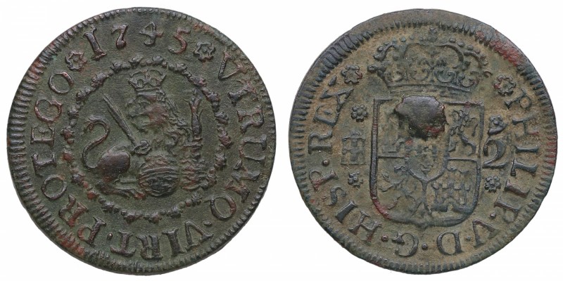 1745. Felipe V (1700-1746). Segovia. 2 maravedís. A&C 766. Ae. Restos de soldadu...