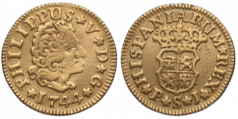 1744. Felipe V (1700-1746). Sevilla. 1/2 escudo. Au. EBC-. Est.240.