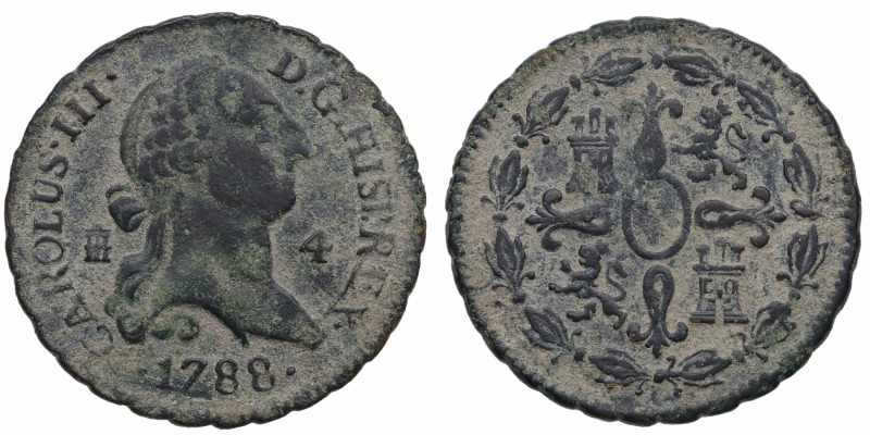 1788. Carlos III (1759-1788). Segovia. 4 maravedís. Ve. 5,25 g. MBC. Est.40.