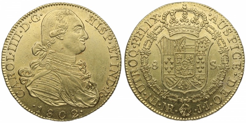 1797. Carlos III (1759-1788). Nuevo Reino. 8 escudos. JJ. Au. Muy bella. Brillo ...