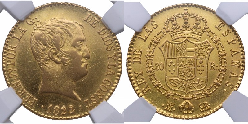 1822. Fernando VII (1808-1833). Madrid SR. 80 Reales. Cal-218. Au. 6,73 g. NN CE...