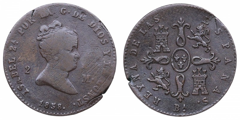 1858. Isabel II (1833-1868). Barcelona. 2 Maravedís. Cal-538. Cu . 2,20 g. Busto...