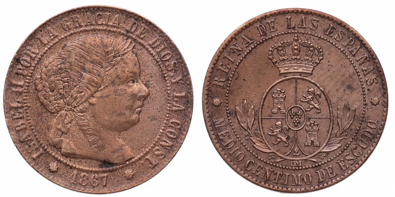 1867. Isabel II (1833-1868). Barcelona. 1/2 céntimo de escudo. Cy 16537. Cu . 1,...