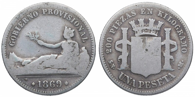 1869. I República. Madrid. 1 peseta. SNM. Ag. BC+. Est.10.