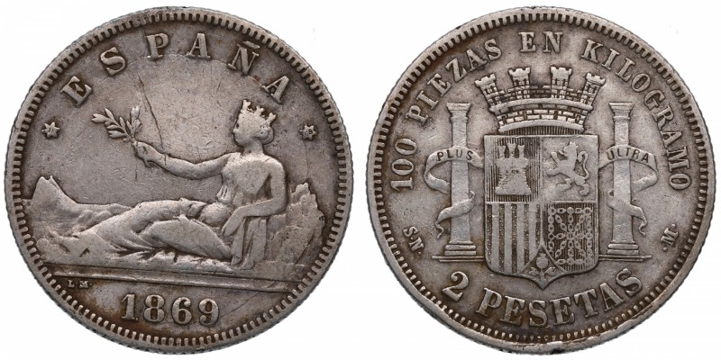 1869. Gobierno Provisional. Madrid. 2 Pesetas. Ag. MBC. Est.20.