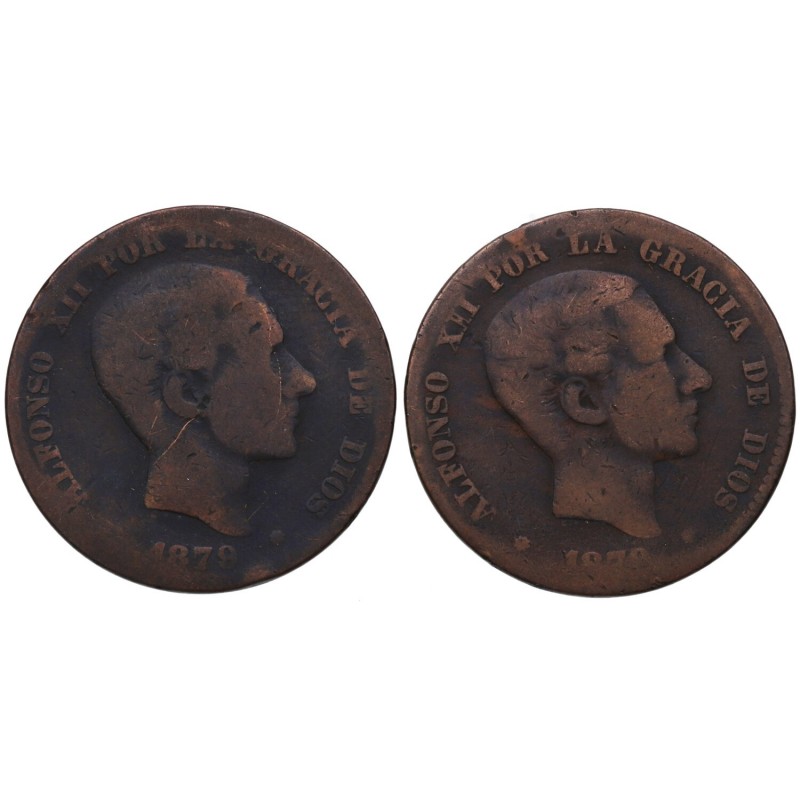 1878 y 1879. Alfonso XII (1874-1885). Barcelona. Lote de dos monedas: 10 céntimo...