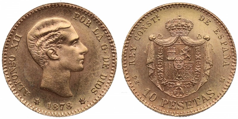 1878*62. Alfonso XII (1874-1885). Madrid. 10 pesetas. DEM. Au. Reacuñación ofici...