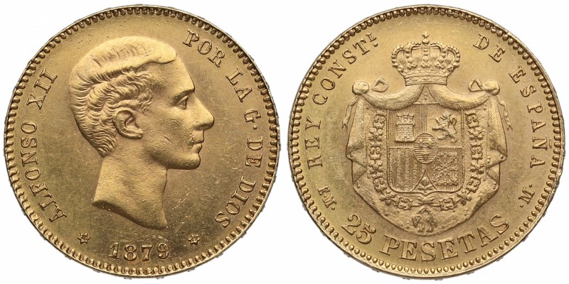 1879*79. Alfonso XII (1874-1885). Madrid. 25 pesetas. Au. Muy bella. Brillo orig...