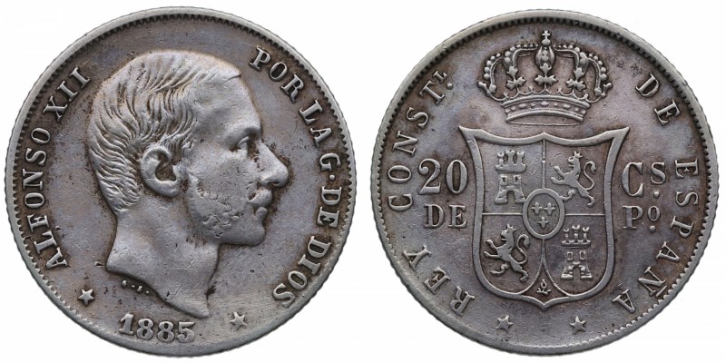 1885. Alfonso XII (1874-1885). Manila. 20 centavos de Peso. Ag. MBC. Est.20.