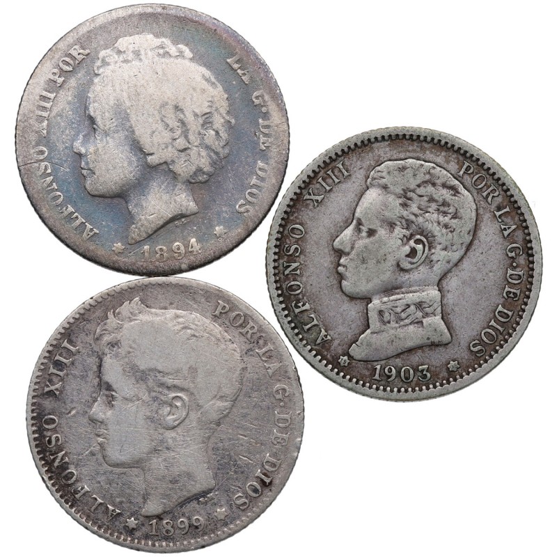 1894, 1899 y 1903. Alfonso XIII (1886-1931). Madrid. Lote de tres monedas: 1 pes...