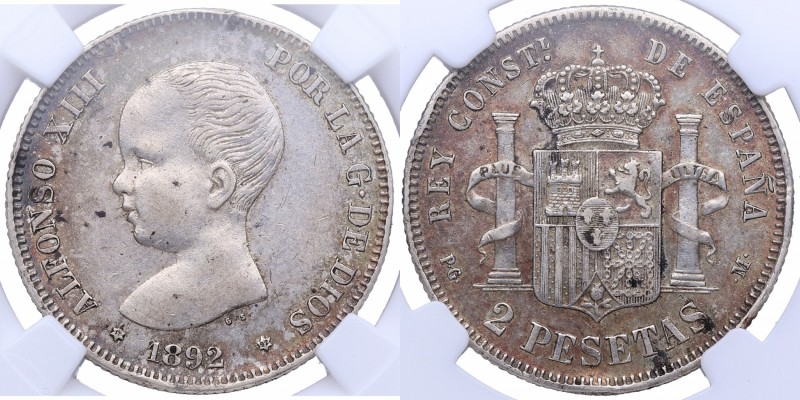 1892*18-92. Alfonso XIII (1886-1931). Madrid. 2 Pesetas. Ensayador: P. M.G.. Cal...