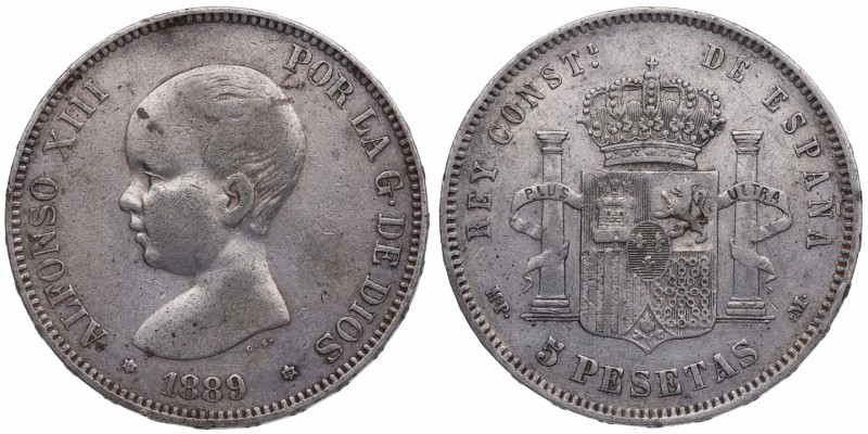 1889*18*89. Alfonso XIII (1886-1931). 5 Pesetas. Ag. 24,68 g. MBC / MBC+. Est.40...