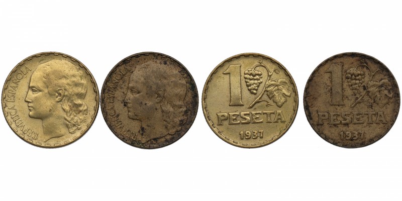 1937. II República (1931-1939). Castellón. Pareja de dos monedas: 1 Peseta. Cu-N...