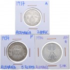 1937, 1934 y 1974. Alemania. Lote de 3 monedas: 2 mark y 5 mark (dos). MBC+ a EBC+. Est.15.