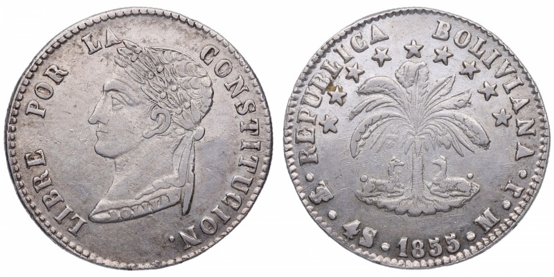 1855. Bolivia. 4 Soles. MJ. KM 123.2. Ag. 13,60 g. SC. Est.120.