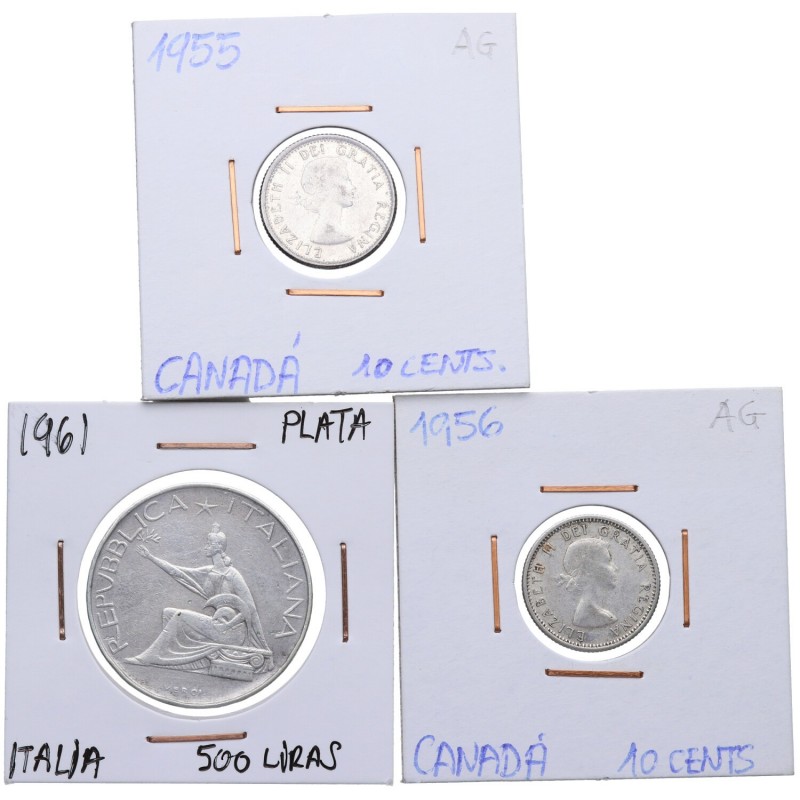 1955, 1956 y 1961. Canadá e Italia. Lote de 3 monedas: 10 cents (dos) y 500 lira...