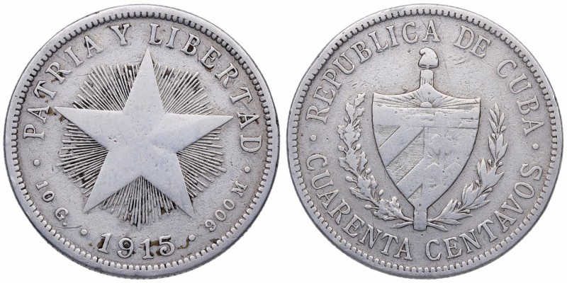 1915. Cuba. 40 centavos de peso. KM 14.3. Ag. Relieve mediano. MBC. Est.90.