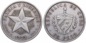 1933. Cuba. 1 peso. KM 15.2. Ag. 26,73 g. Alto relieve. MBC. Est.60.