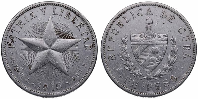 1915. Cuba. 1 peso. KM 15.2. Ag. 26,73 g. Alto relieve. MBC+. Est.60.