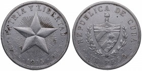 1915. Cuba. 1 peso. KM 15.2. Ag. 26,73 g. Alto relieve. MBC+. Est.60.