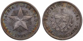 1916. Cuba. 10 centavos. KM A12. Ag. Relieve bajo. EBC+. Est.50.