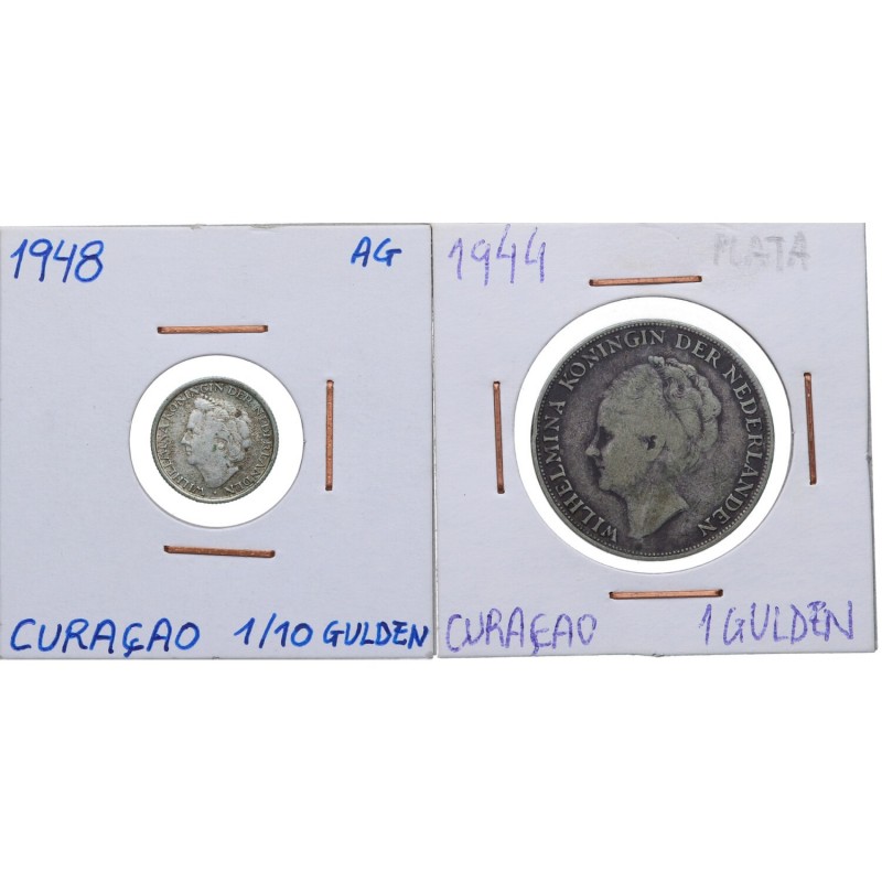 1944 y 1948. Curaçao. Lote de 2 monedas: 1 gulden y 1/10 gulden. Ag. MBC a EBC. ...