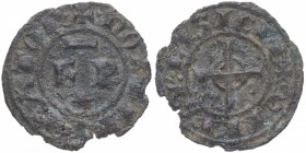 1190-1250. Italia Medieval. Federico II (1197-1250) . Messina. Denaro. MEC.565. MIR.103 (R). Ve. 0,91 g. F R, superado de barra por encima y debajo es...