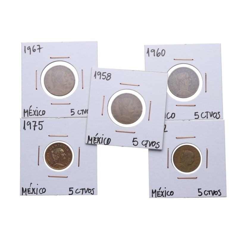 1937, 35, 41, 44 y 56. México. Lote de 5 monedas: 1 centavo (tres) y 5 centavos ...