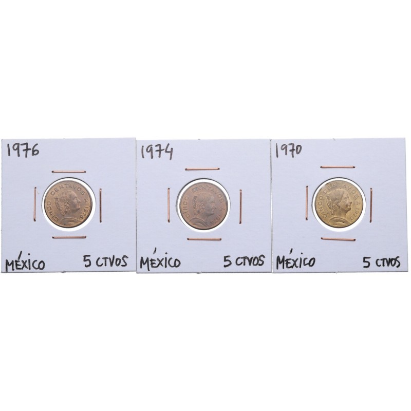 1970, 74 y 76. México. Lote de 3 monedas: 5 centavos (dos). EBC+ a SC. Est.8.