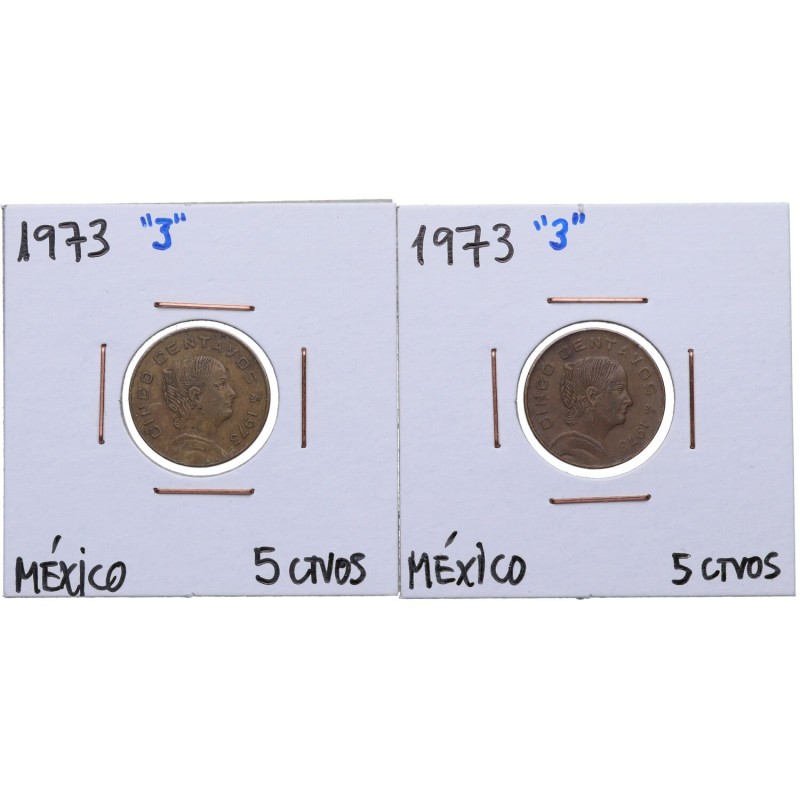 1973 variante 3 curvo y 3 recto. México. Lote de 2 monedas: 5 centavos. EBC / EB...