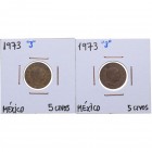 1973 variante 3 curvo y 3 recto. México. Lote de 2 monedas: 5 centavos. EBC / EBC-. Est.10.