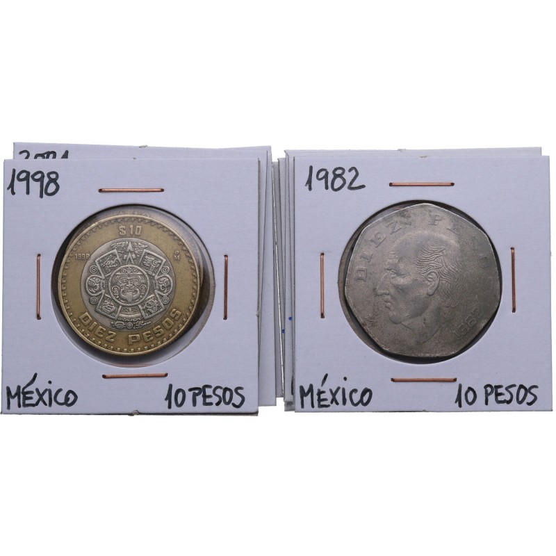 1982a 2009. México. Lote de 9 monedas: 10 pesos. EBC- / EBC+. Est.12.