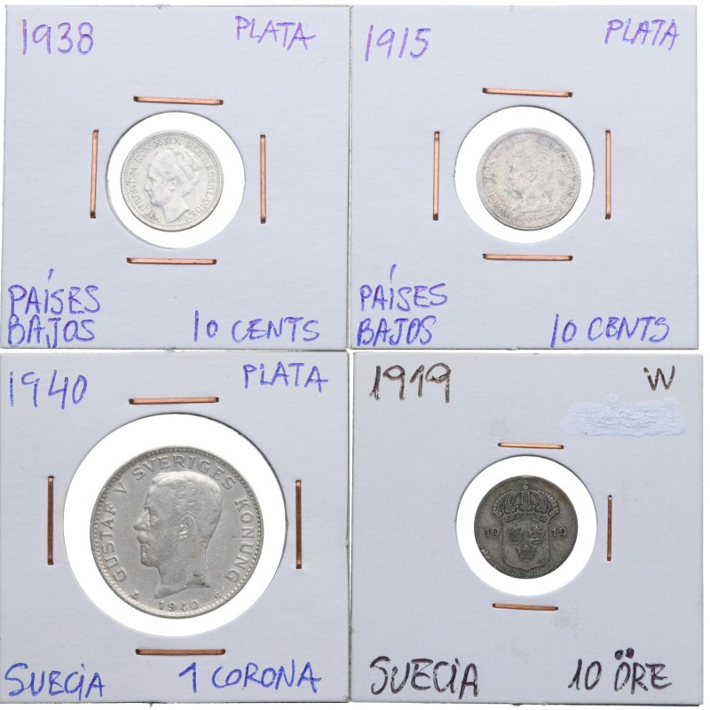 1915, 1919, 1938 y 1940. Países Bajos y Suecia. Lote de 4 monedas, todas de Plat...