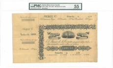 18(57). Billetes Provinciales. A Coruña. 500 reales de vellón. Rarísimo. Certificado en PMG en AU55. Mejor conocido. EBC+. Est.2000.