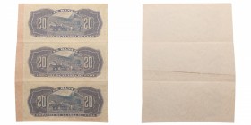 1897. Billetes Españoles. MUESTRAS Trío sin cortar 20 céntimos. MUY RARAS. SC-. Est.300.
